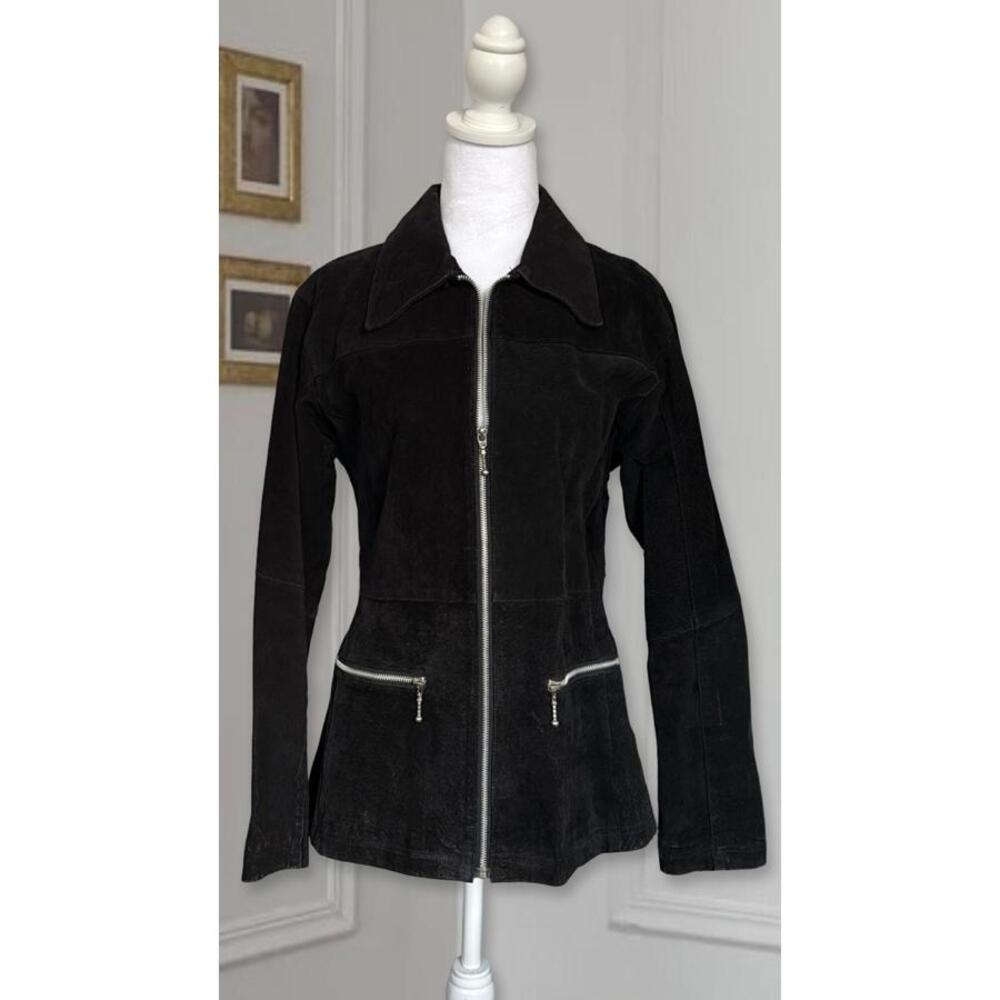 90s Vintage Black Suede Leather Zip Up Jacket